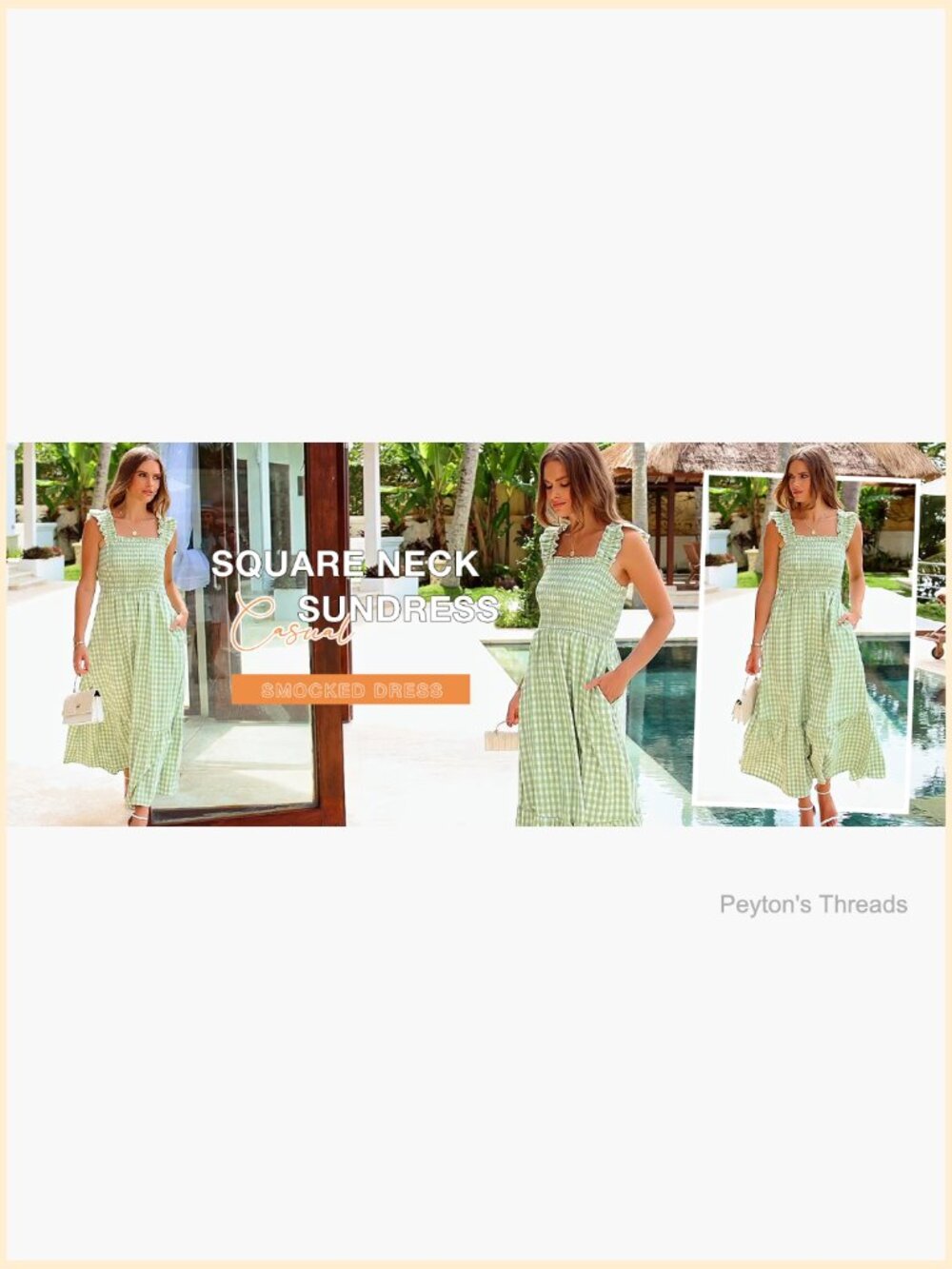 Women's Summer Dress Square Neck Ruffle Strap Gingham Smocked Midi Flowy A-Line - Picture 7 of 7